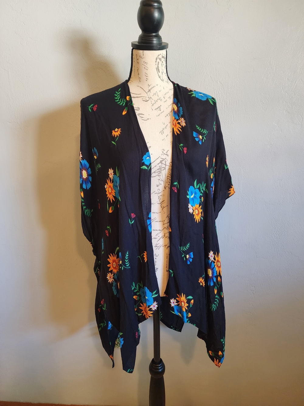 LOFT Floral Open Kimono in Black with Blue & Yellow Blooms